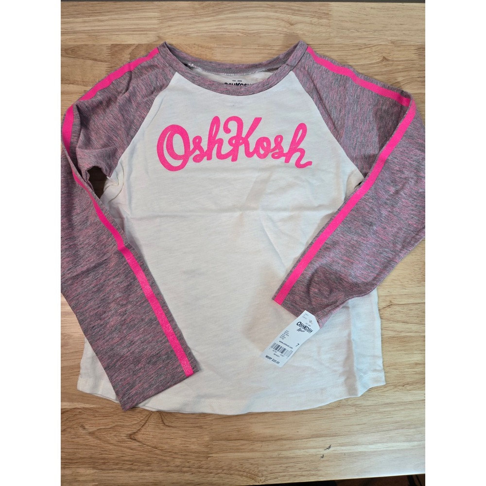 OshKosh Bgosh Girls Size 7 Long Sleeve Raglan Tee Pink White Glitter Stripe NWT